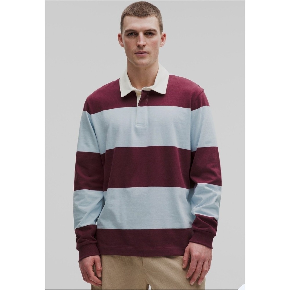 NWT LULULEMON Long-Sleeve Cotton Rugby Shirt Wide Stripe Bugundy Bay Medium